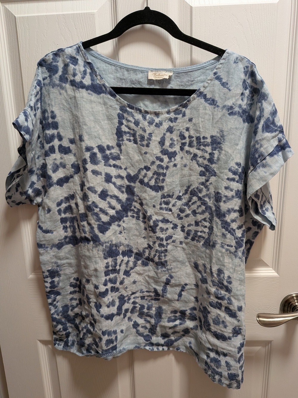 Bellambia Italy 100% Linen Top Lagenlook Short Sleeve Shirt Blue Tie Dye Large